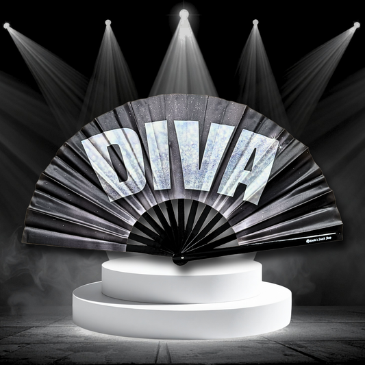 Black clack fan with 'DIVA' text on a stage-like setting with spotlights