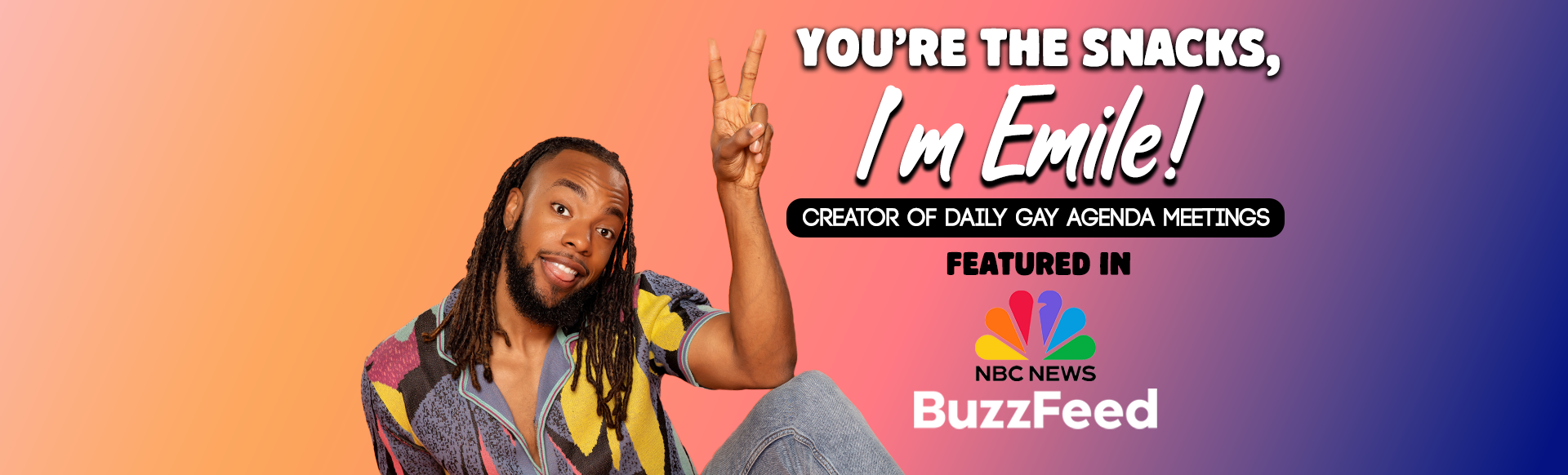 Person making a peace sign with text about Emile and his work with NBC News and BuzzFeed.