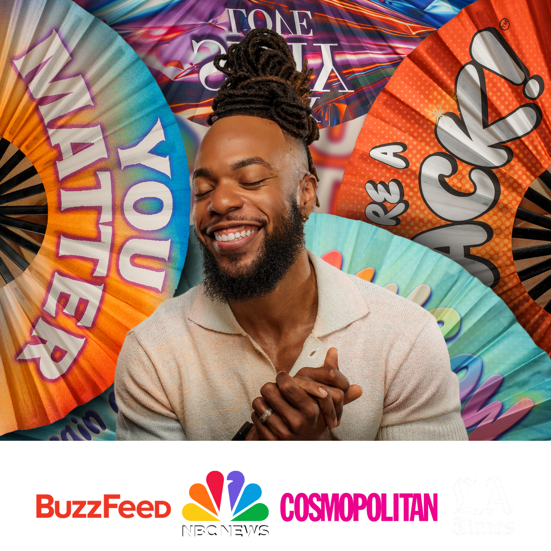 Man with closed eyes surrounded by colorful fan-like objects with text, with news channel logos at the bottom.